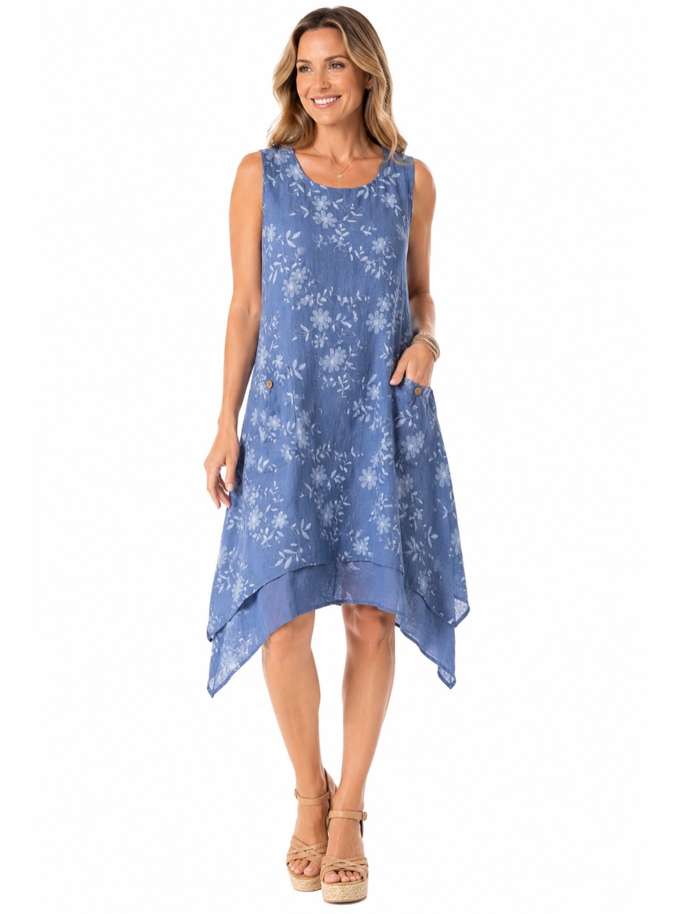 Papa Vancouver Blue Floral Dress Handkerchief Hem Pockets Boho Cottagecore Sz M